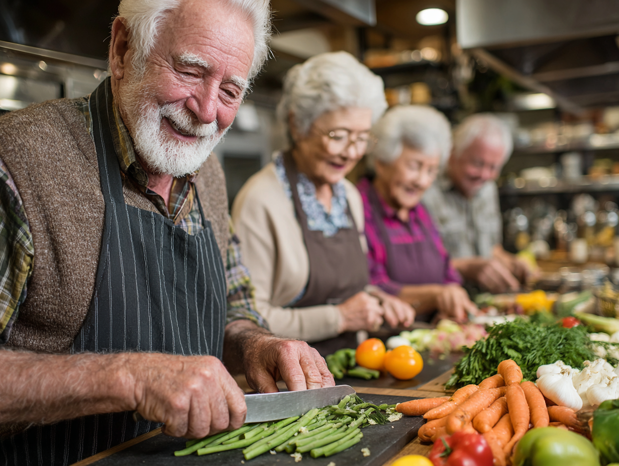 Група активних людей старшого віку готує здорову їжу разом